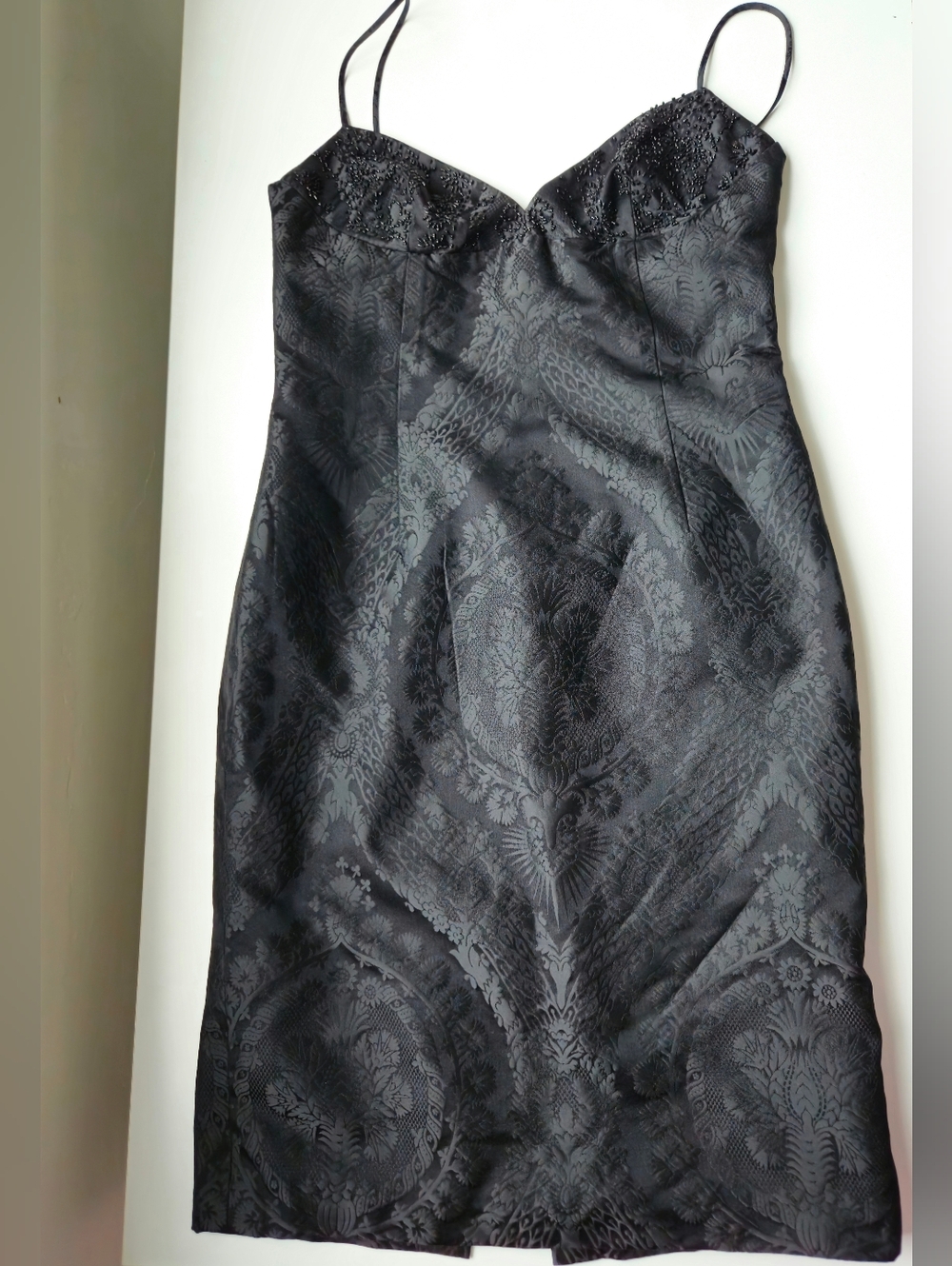 Pamela Dennis Vintage Black Corset Embelished Jacquard Silk Knee Dress